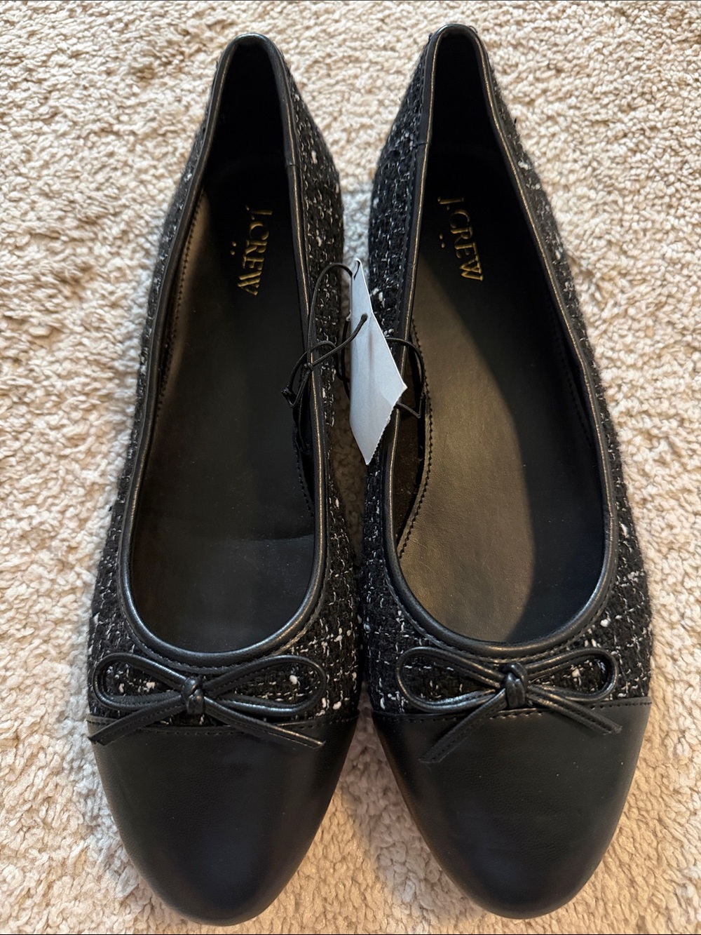 J. Crew Black Tweed & Leather Pointed Toe Ballet Flats